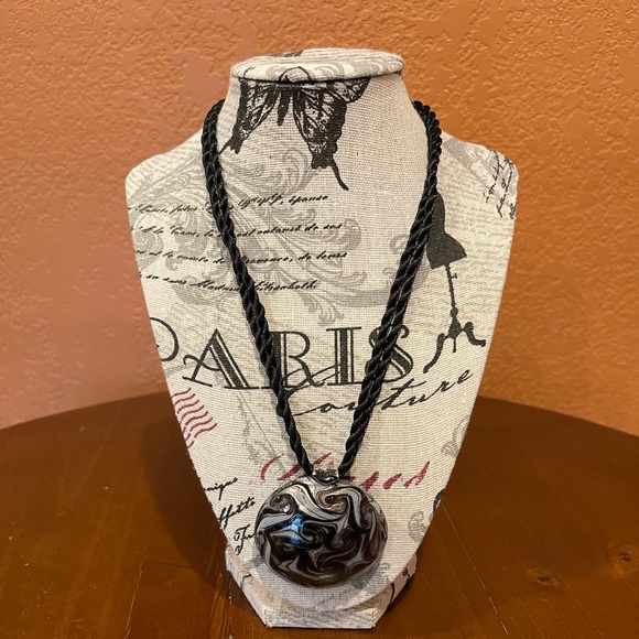 Stylish Murano Style Glass Black and Silver Swirled Pendant on Rope Necklace - Picture 2 of 5